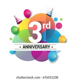 3rd years anniversary logo, vector design birthday celebration with colorful geometric, Circles and balloons isolated on white background.