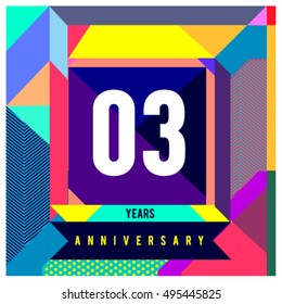 3rd years greeting card anniversary with colorful number and frame. logo and icon with Memphis style cover and design template