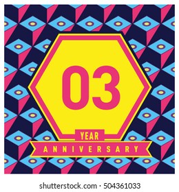 3rd years greeting card anniversary with colorful number and frame. logo and icon with Memphis style cover and design template