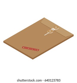 3s isometric perspective brown long postal envelope template with red rubber stamp top secret vector illustration. Envelope sealed with string.