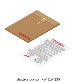 3s isometric perspective brown long postal envelope template and document with red rubber stamp top secret and  vector illustration. Envelope sealed with string.