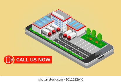 3s isometry mobile phone building garage administrative building trucks from above inscription call us now yellow background 