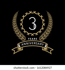 3st anniversary logo with gold and white frame and color. on black background