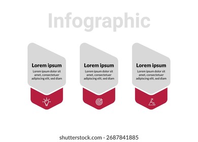 3-stufige Infografik zu Unternehmensprozessen, modernes Zeitplandiagramm für Strategie, Business Workflow und Projektentwicklung