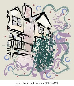 3-story Condo townhomes with deck are featured in this residential grunge-style vector illustration.