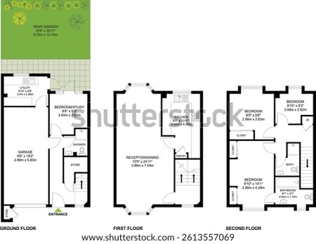 A 3-story house floor plan featuring spacious living areas, private bedrooms, and flexible spaces across three levels for ultimate comfort and functionality