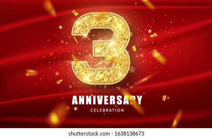 3th Anniversary celebration. Golden glitter numbers with sparkling confetti. Vector festive illustration. Realistic Party event decoration