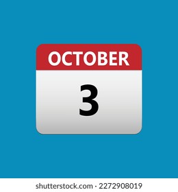 Icono del calendario 3 de octubre. Icono de Fecha Mes de Octubre 3 calendario Aislado sobre fondo azul