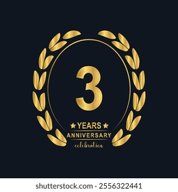3th Years Anniversary celebration. Vector Template festive illustration Golden Color,. Birthday or wedding party event decoration.