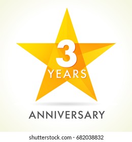 3th years anniversary golden vector sign facet star isolated on white background. 3 years anniversary star logo