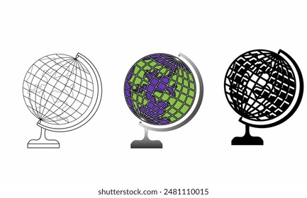 3(three) kinds of globe sketches in different color variants. black, white and blue. The earth silhouette icon logo is neatly arranged with color gradations on a white background