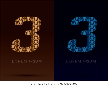3,three,third,Luxury font ,designed using gold and blue bold  line, concept shape from water, river, sea, ocean, fish scale, logo, symbol, icon, graphic, vector.