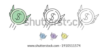3-wings money icon set. Saving money, Do enter an Uptrend. Icon wing dollar set in different colors and different thickness. Money bag line icons set vector illustration. Modern line art.