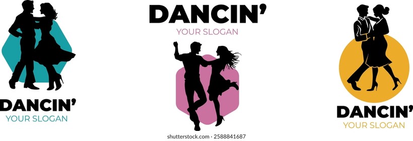 3x Set of Dance School Logotype Template with Full Body Male and Female Silhouettes Dancing