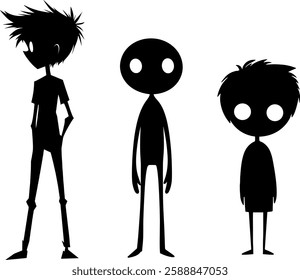 3x Set Flat Vector Character Creepy Young Boy Black Silhouette