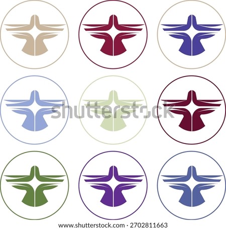 A 3x3 grid of circular icons featuring a stylized symmetrical figure resembling a bird or abstract entity with outstretched wings and a central vertical element.