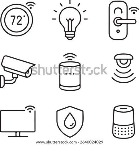 A 3x3 grid of minimal line art icons illustrating modern smart home devices like thermostat, lights, and sensors in thin black strokes on white background.