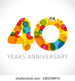 4 0 th anniversary numbers. 4 years old multicolored logotype. Congrats 40th greetings, congratulation idea. Isolated abstract graphic design template. Coloured digits, up to -40% percent off discount