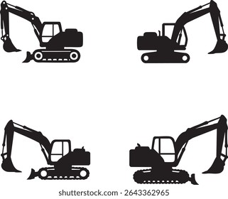 4 in 1 black silhouette icon of an excavator, vector graphic
