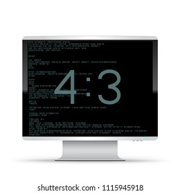 4 to 3 computer monitor on white background. Modern electronic device screen. PC desktop template with code and size text message