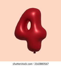 4 3d number balloon made of realistic metallic air balloon 3d rendering. 3D Red helium balloons for sale decoration Party Birthday, Celebrate anniversary, Wedding Holiday. Vector illustration