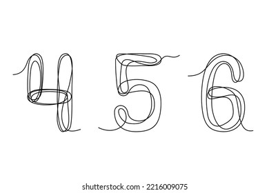 4 5 6 Arabic numerals. Set of decorative numbers drawn with one continuous line. Vector illustration isolated on white background.