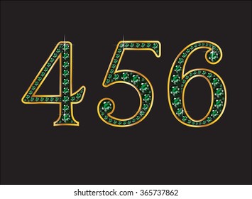 4, 5 and 6 in stunning emerald precious round jewels set into a 2-level gold gradient channel setting, isolated on black. Vector EPS-10 file, transparency used. 