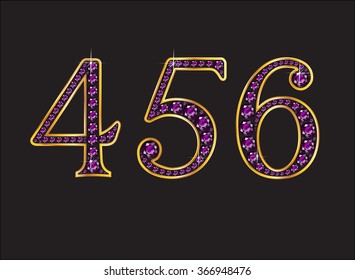 4, 5 and 6 in stunning purple amethyst precious round jewels set into a 2-level gold gradient channel setting, isolated on black. Vector EPS-10 file, transparency used. 