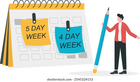 Semana laboral de 4 o 5 días. Priorice trabajar de manera más inteligente para producir mejor. 4 días es un modelo de trabajo de horas reducidas. Jornada laboral flexible para beneficio de los empleados. Ilustración vectorial plana.

