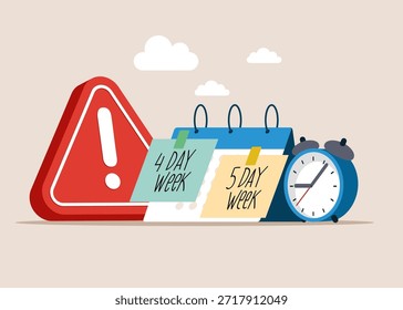 Semana laboral de 4 o 5 días con signo de exclamación. Decisión difícil y elección compleja. Ilustración vectorial plana. 
