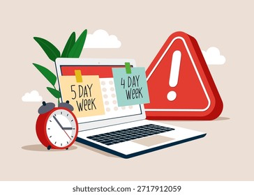 Semana laboral de 4 o 5 días con signo de exclamación. Decisión difícil y elección compleja. Hacer empresa 4 días de trabajo a la semana. Ilustración vectorial plana. 
