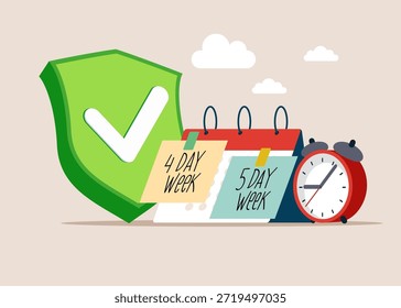 Semana laboral de 4 o 5 días con marca de verificación verde. Decisión y elección. Hacer empresa 4 días de trabajo a la semana. Ilustración vectorial plana.