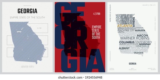 4 of 50 sets, US State Posters with name and Information in 3 Design Styles, Detailed vector art print Georgia map