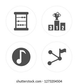 4 Abacus, Musical note, Podium, Halfway modern icons on round shapes, vector illustration, eps10, trendy icon set.