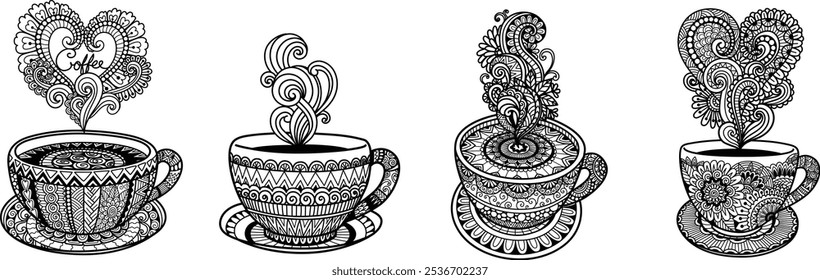 4 Abstract mandala doodle coffee cup for design element, engraving, adult coloring page. Vector illustration.