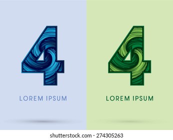 4 ,Abstract Number , font, concept Spin water, wind and natural, designed using blue and green grunge brush,sign 