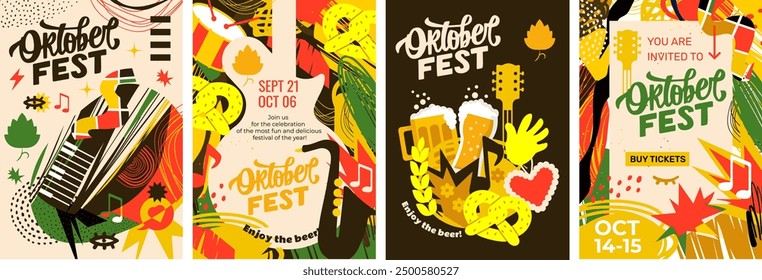 4 abstrakte Poster für das Oktoberfest! Herbstfarben, Bierbecher, Brezeln, Musikinstrumente und viel Bier. A4 Vektorvorlagen perfekt für die Förderung dieser Veranstaltung.