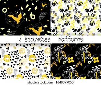 4 abstract seamless pattern. Seamless pattern with lips ,flowers , hearts,handprints.  Gold, gray,black and white colors.

