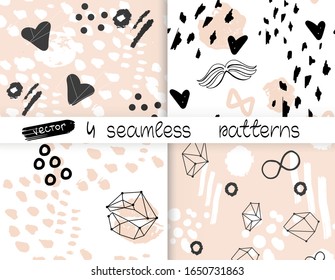 4 abstract seamless pattern. Pink, black and white colors.