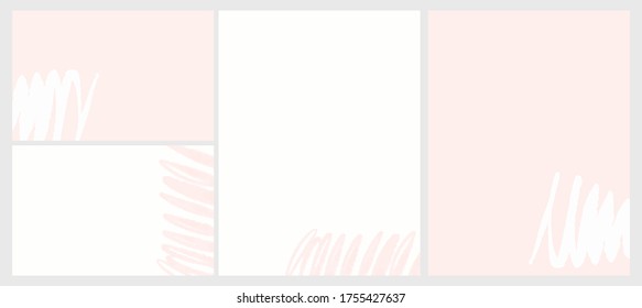 4 Abstract Vector Layouts. Watercolor Style Light Pink Hand Drawn Scribbles Isolated on a White and Pink Background. Simple Geometric Print Ideal for Cover, Layouts. Modern Freehand Vector Blanks.