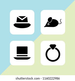 4 accessory icons in vector set. top hat, hat, mouse and ring with precious stone illustration for web and graphic design