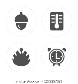 4 Acorn, Leaf, Thermometer, Clock modern icons on round shapes, vector illustration, eps10, trendy icon set.