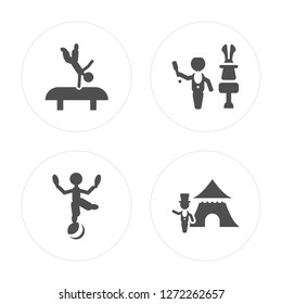 4 Acrobat man, Magician Ringmaster man modern icons on round shapes, vector illustration, eps10, trendy icon set.