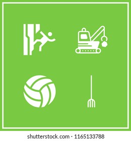 4 activity vector icon set with rake, volleyball, demolishing and climbing icons for mobile and web