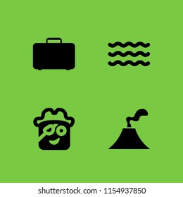 4 adventure icons in vector set. travel case, pirate, wave and volcano illustration for web and graphic design
