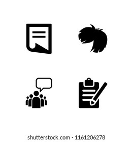 4 advertising icons in vector set. wig, folded document icon, leader of a group with an empty speech bubble and register illustration for web and graphic design
