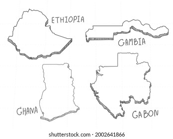 4 Africa 3D Map Hand auf weißem Hintergrund gezeichnet.