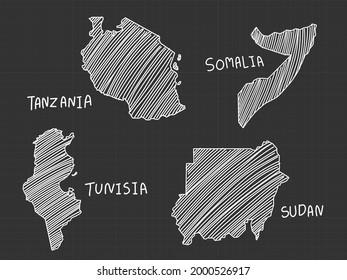 4 of Africa map white line  freehand sketch on black background.