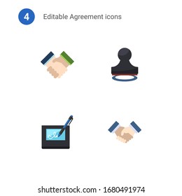 4 agreement flat icons set isolated on . Icons set with cooperation, Stamp, electronic signature, partnership icons.