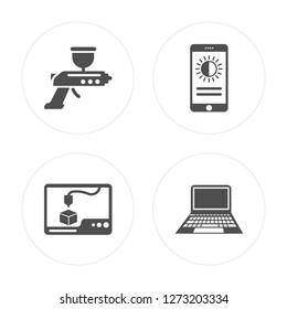 4 Airbrush, 3d printer, Brightness, Laptop modern icons on round shapes, vector illustration, eps10, trendy icon set.